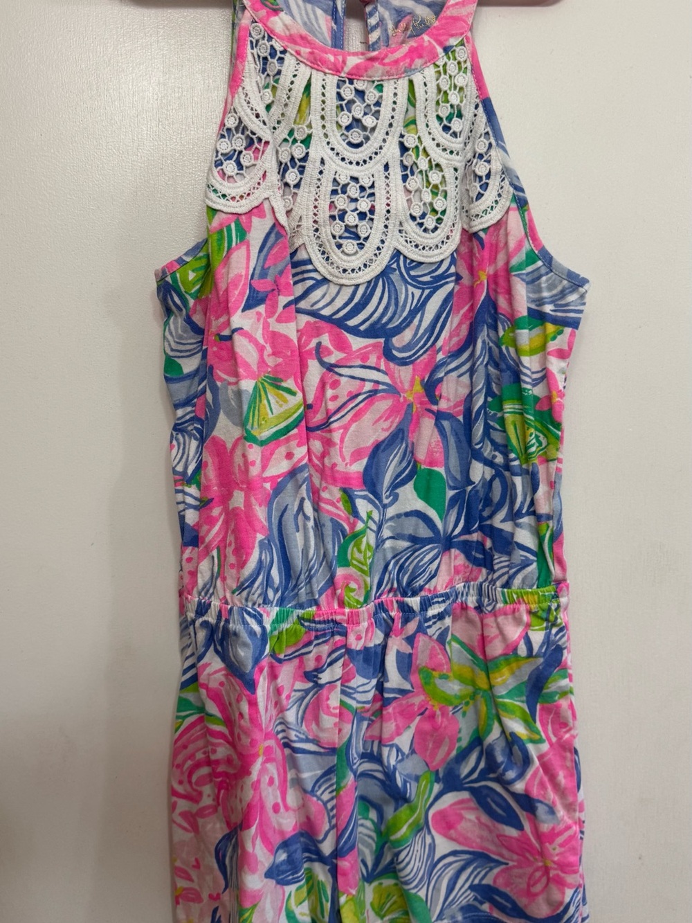 Floral Halter Romper with Lace Yoke - Pink, Blue & Green